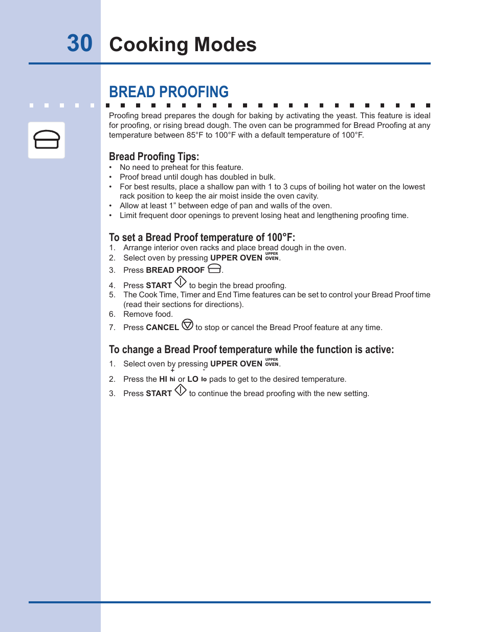 Cooking modes, Bread proofing, Bread proofing tips | Electrolux EW30GS65GS User Manual | Page 30 / 52