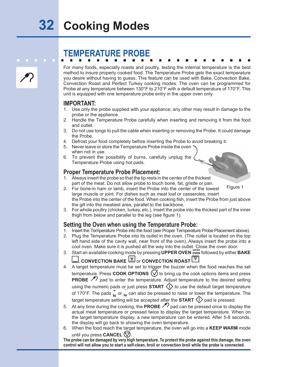 Cooking modes, Temperature probe, Important | Proper temperature probe placement, Setting the oven when using the temperature probe | Electrolux EW30GS65GS User Manual | Page 32 / 52