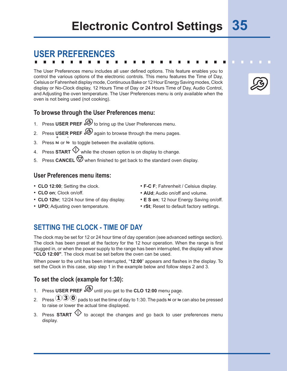 Electronic control settings, User preferences, Setting the clock - time of day | User preferences menu items | Electrolux EW30GS65GS User Manual | Page 35 / 52