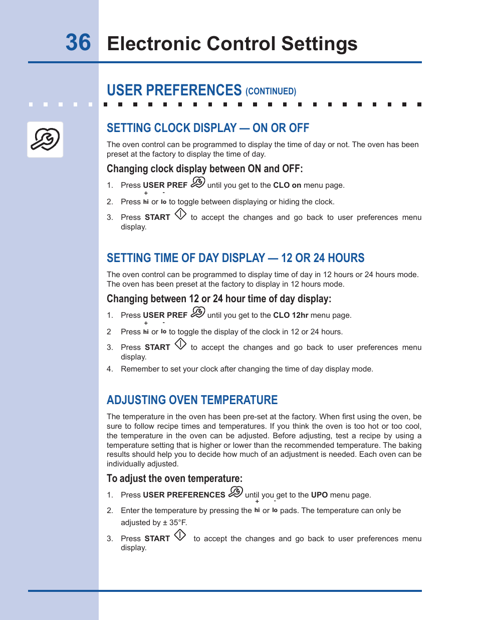 Electronic control settings, User preferences, Setting clock display — on or off | Setting time of day display — 12 or 24 hours, Adjusting oven temperature, Changing clock display between on and off, Changing between 12 or 24 hour time of day display | Electrolux EW30GS65GS User Manual | Page 36 / 52