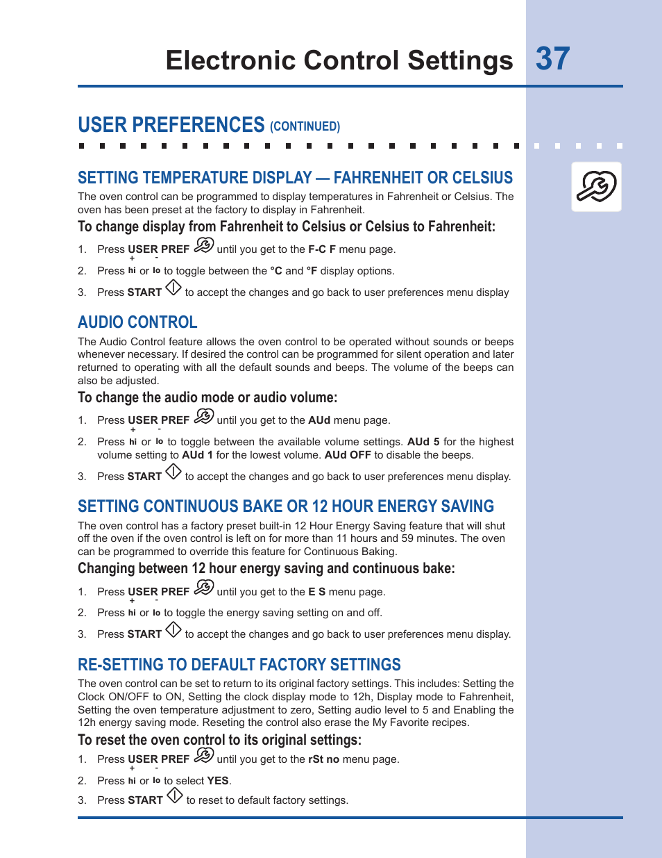 Electronic control settings, User preferences, Audio control | Setting continuous bake or 12 hour energy saving, Re-setting to default factory settings | Electrolux EW30GS65GS User Manual | Page 37 / 52