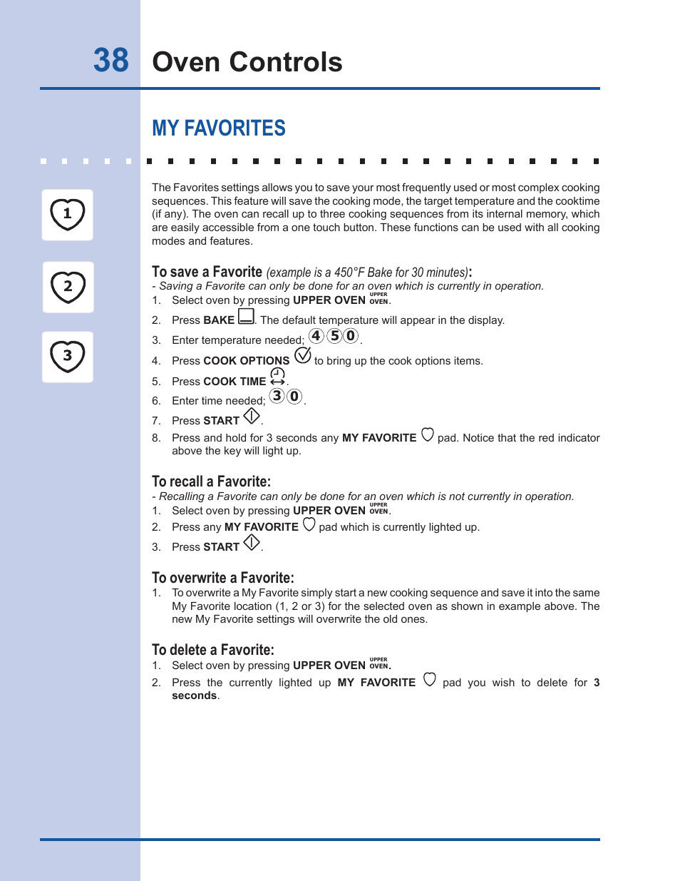 Oven controls, My favorites | Electrolux EW30GS65GS User Manual | Page 38 / 52