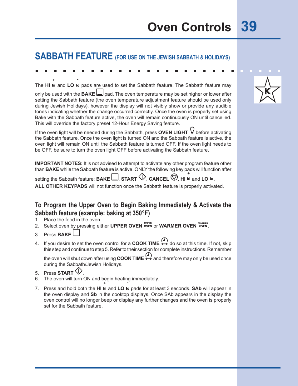 Oven controls, Sabbath feature | Electrolux EW30GS65GS User Manual | Page 39 / 52