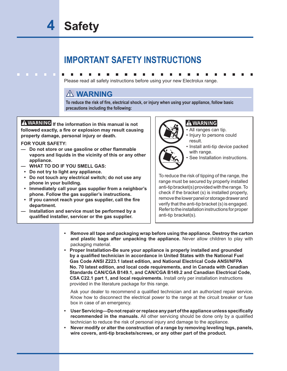 Safety, Important safety instructions, Warning | Electrolux EW30GS65GS User Manual | Page 4 / 52