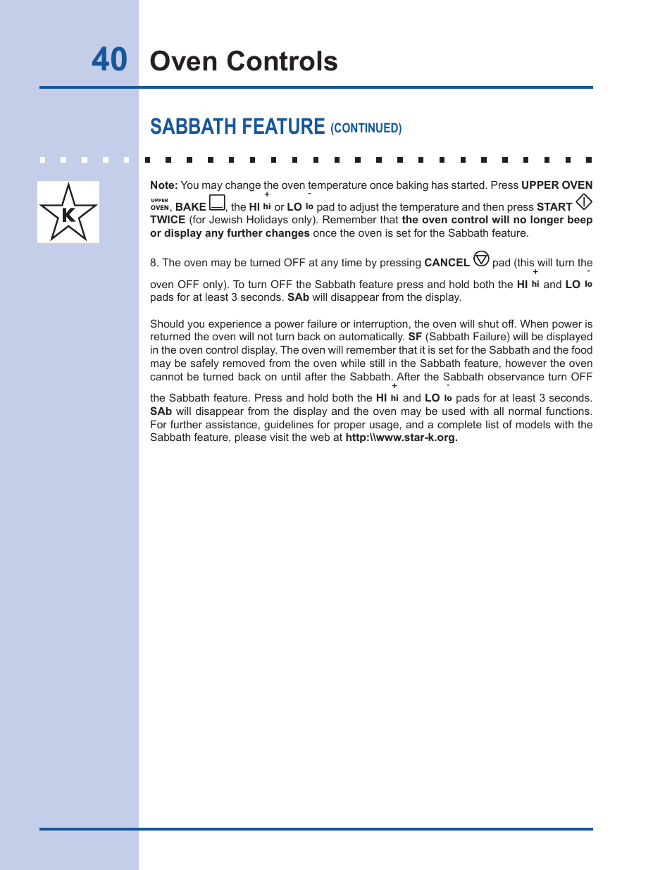 Oven controls, Sabbath feature | Electrolux EW30GS65GS User Manual | Page 40 / 52