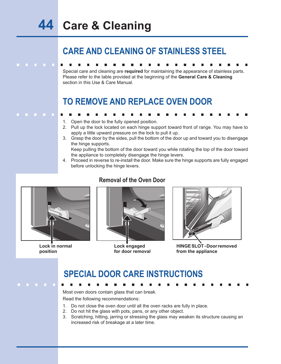 Care & cleaning, Special door care instructions, Care and cleaning of stainless steel | Electrolux EW30GS65GS User Manual | Page 44 / 52