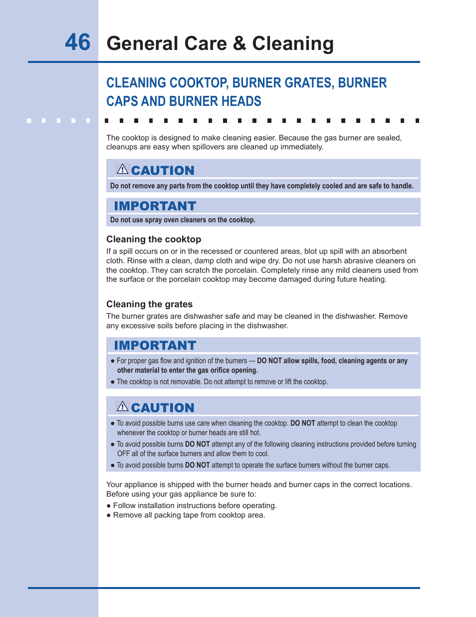General care & cleaning, Caution, Important | Electrolux EW30GS65GS User Manual | Page 46 / 52