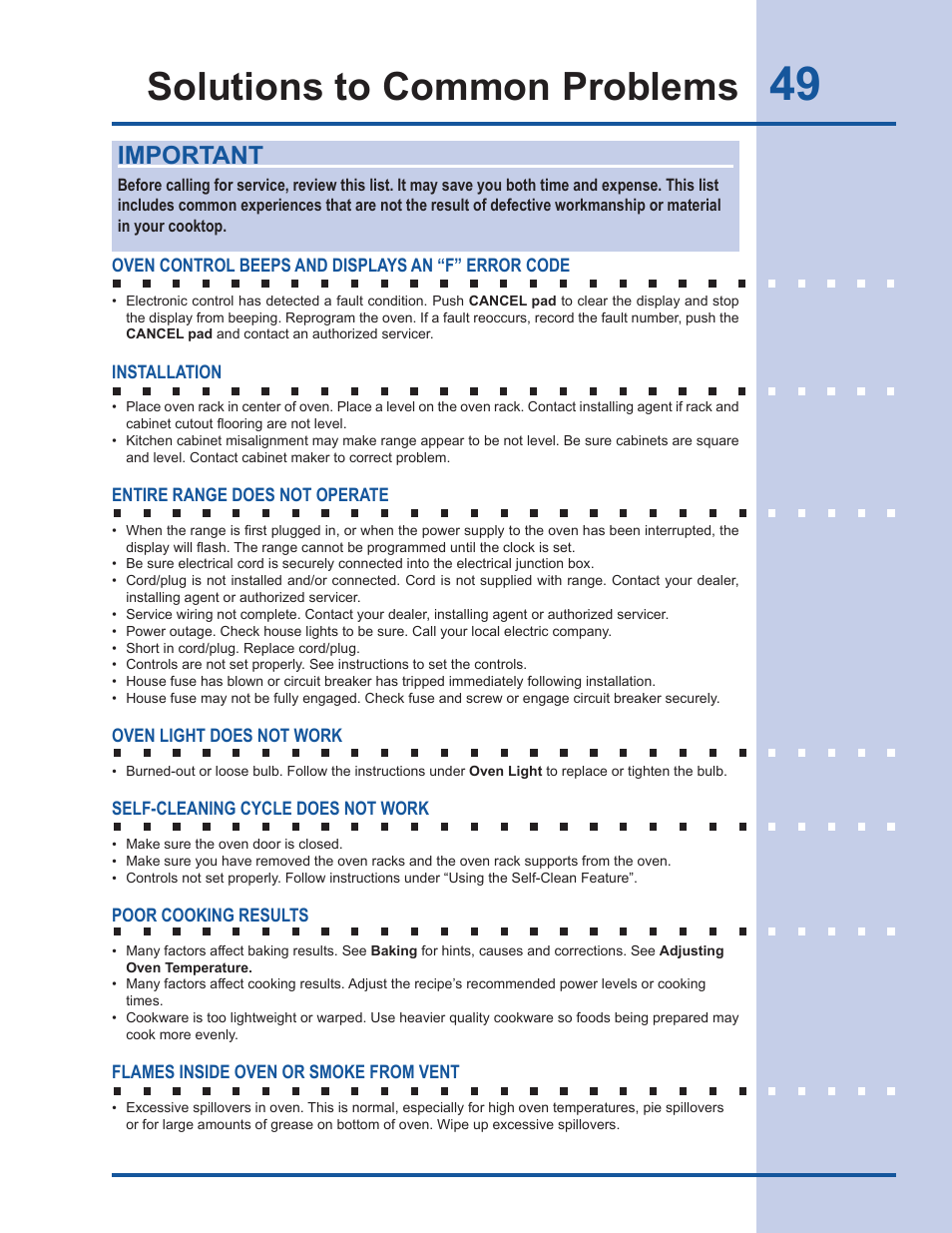 Solutions to common problems, Important | Electrolux EW30GS65GS User Manual | Page 49 / 52