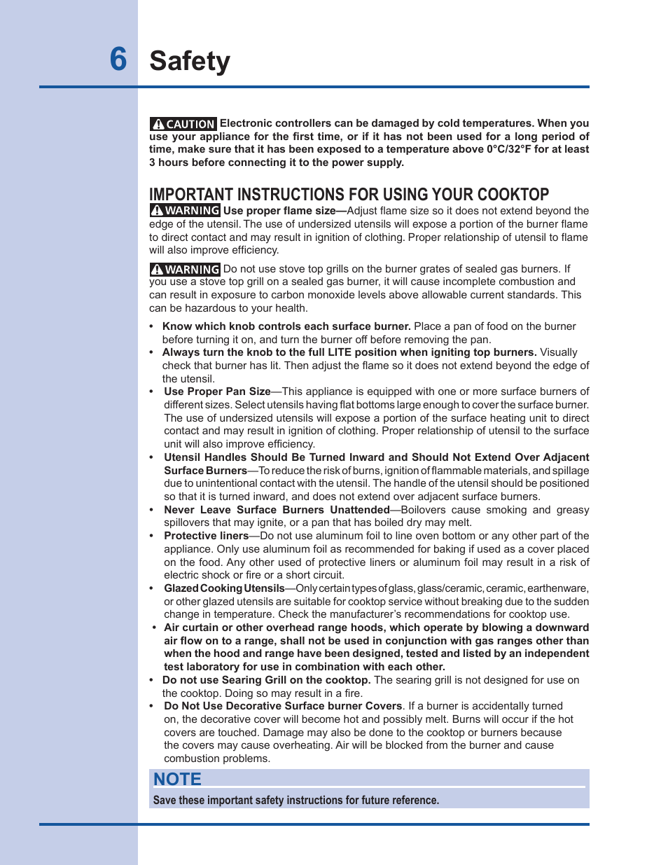 Safety, Important instructions for using your cooktop | Electrolux EW30GS65GS User Manual | Page 6 / 52