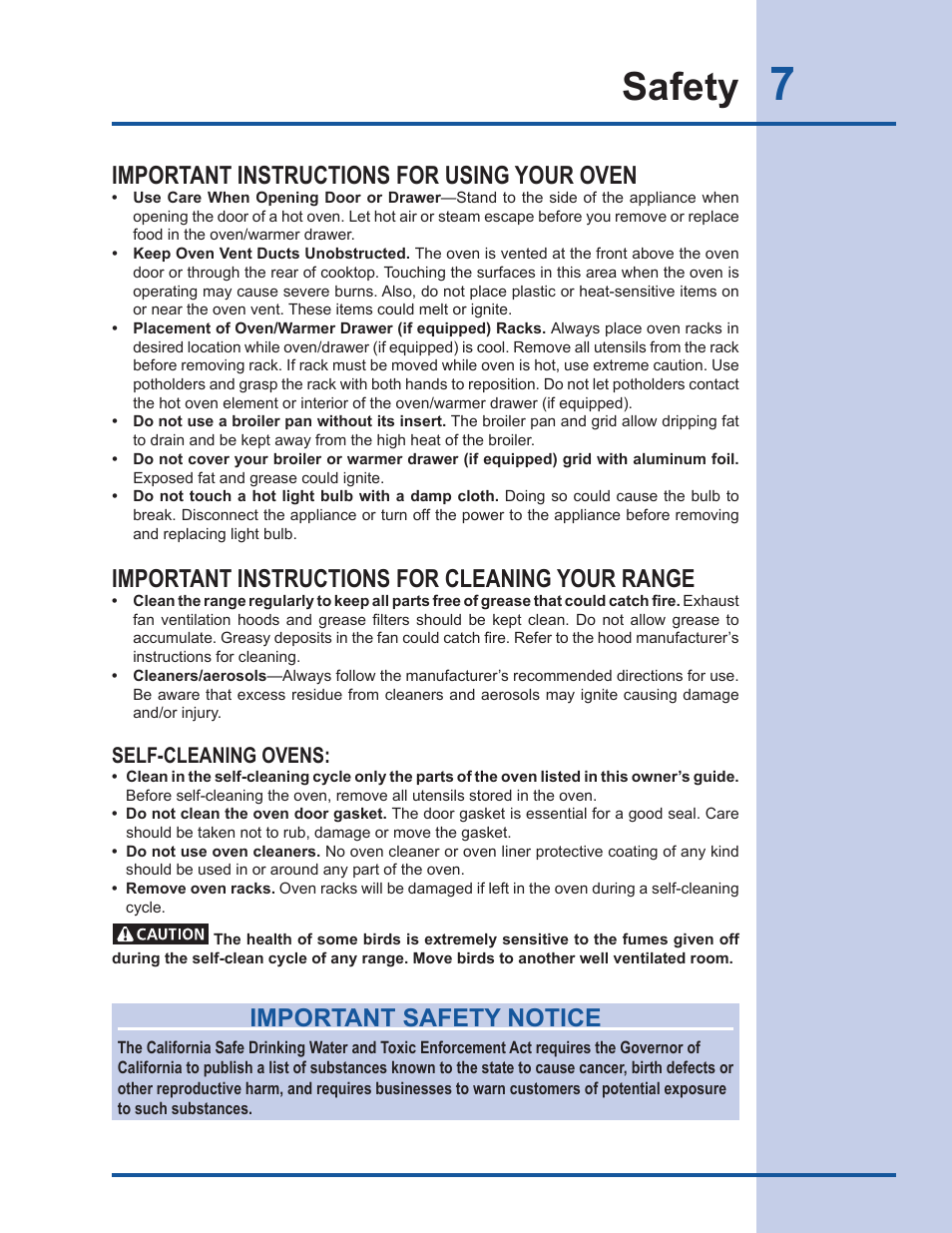 Safety, Important instructions for using your oven, Important instructions for cleaning your range | Important safety notice, Self-cleaning ovens | Electrolux EW30GS65GS User Manual | Page 7 / 52
