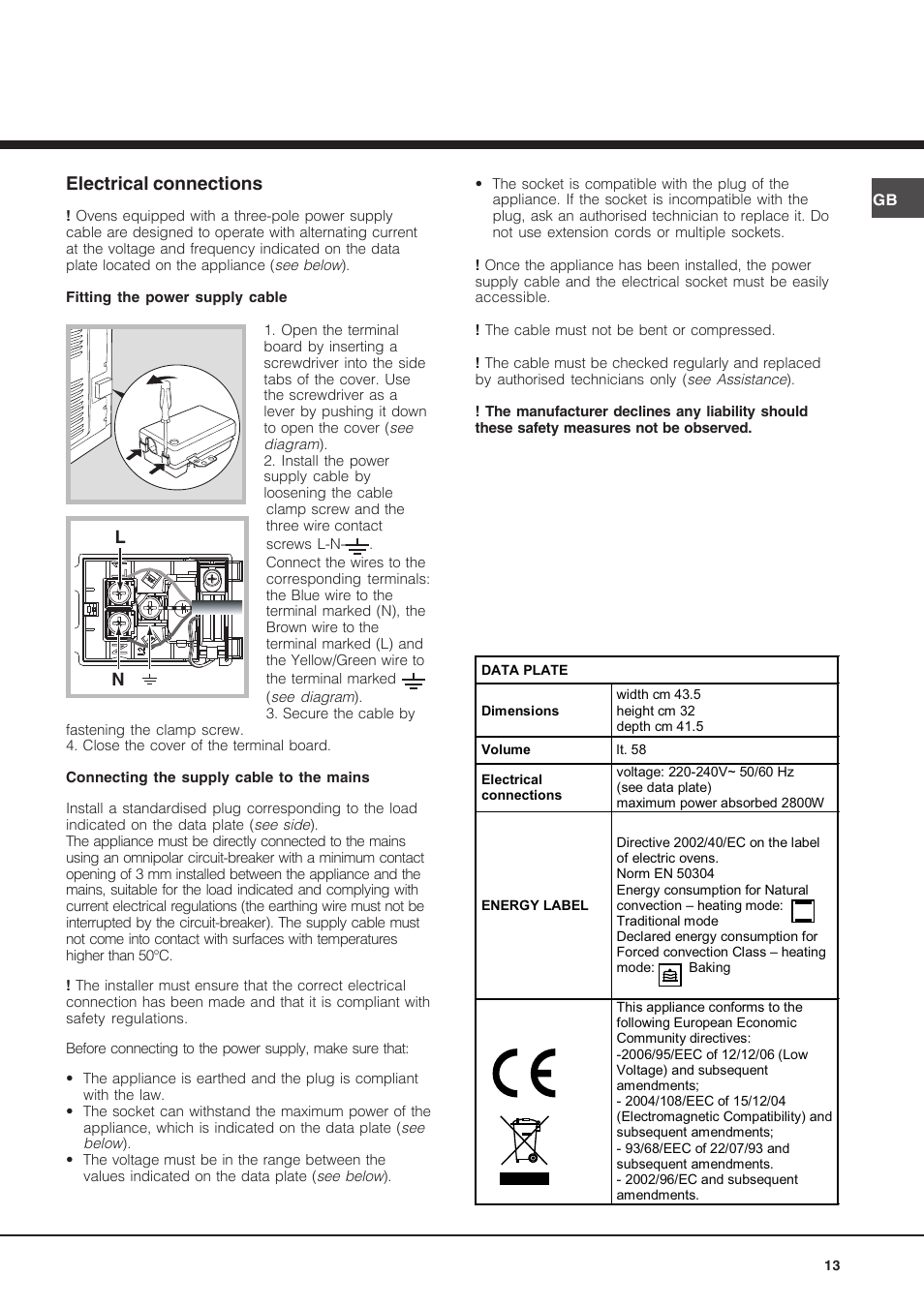 Electrical connections | Hotpoint Ariston FH 62 /HA User Manual | Page 13 / 64