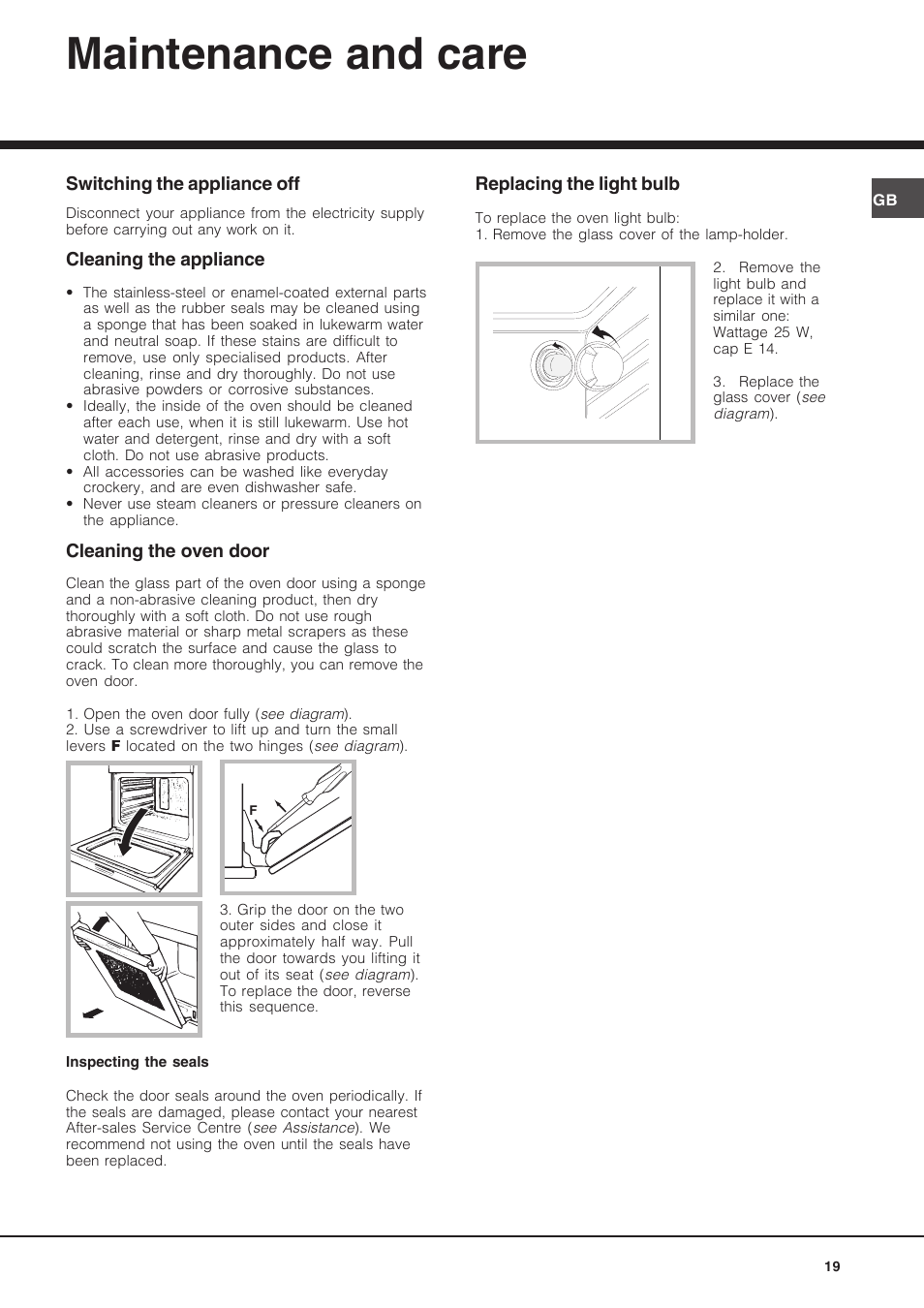 Maintenance and care | Hotpoint Ariston FH 62 /HA User Manual | Page 19 / 64