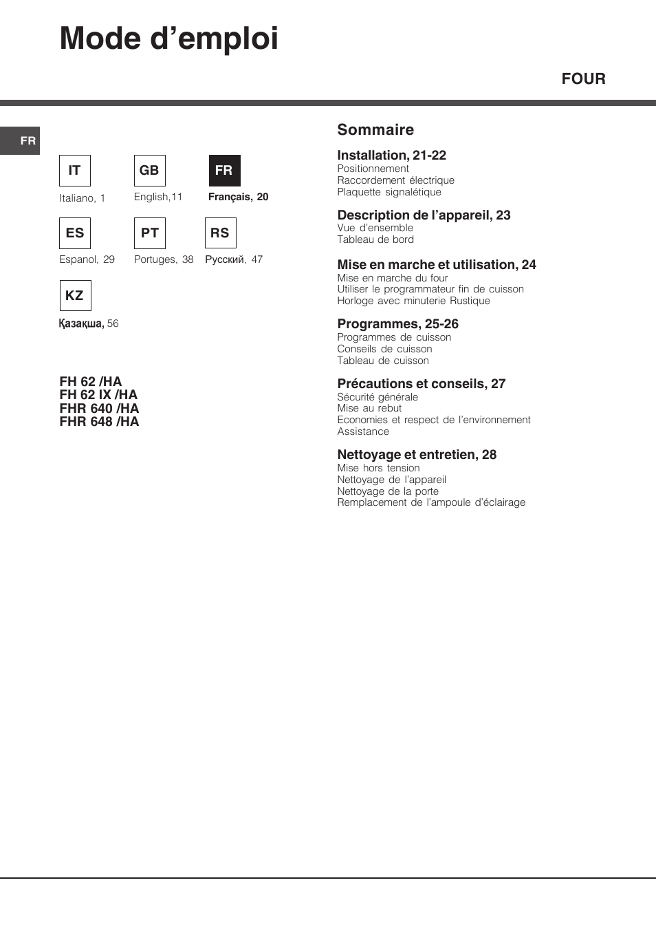 083756fr, Mode d’emploi, Sommaire | Four | Hotpoint Ariston FH 62 /HA User Manual | Page 20 / 64