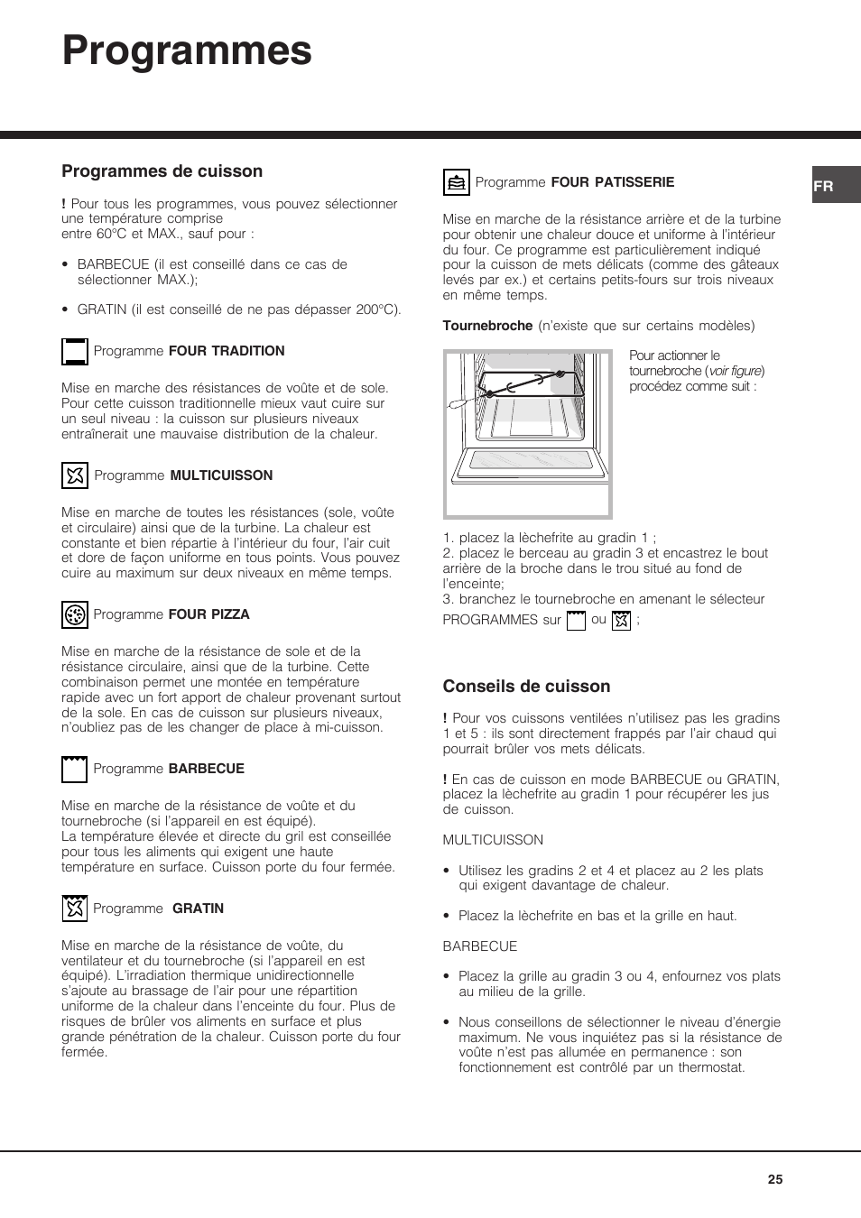 Programmes, Programmes de cuisson, Conseils de cuisson | Hotpoint Ariston FH 62 /HA User Manual | Page 25 / 64