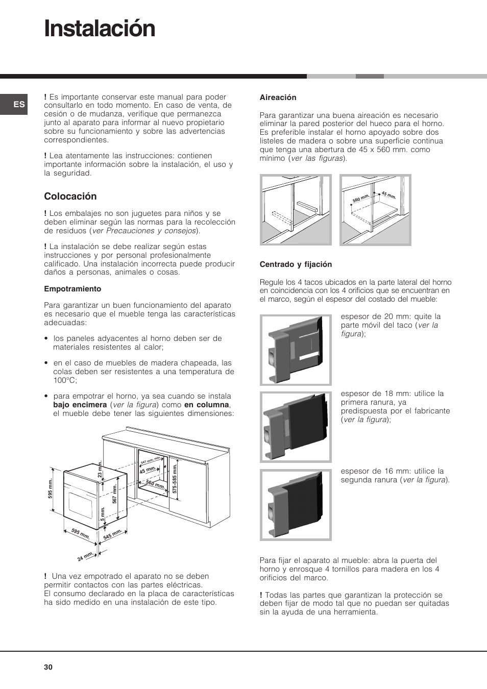 Instalación, Colocación | Hotpoint Ariston FH 62 /HA User Manual | Page 30 / 64