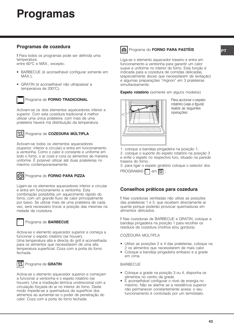 Programas, Programas de cozedura, Conselhos práticos para cozedura | Hotpoint Ariston FH 62 /HA User Manual | Page 43 / 64