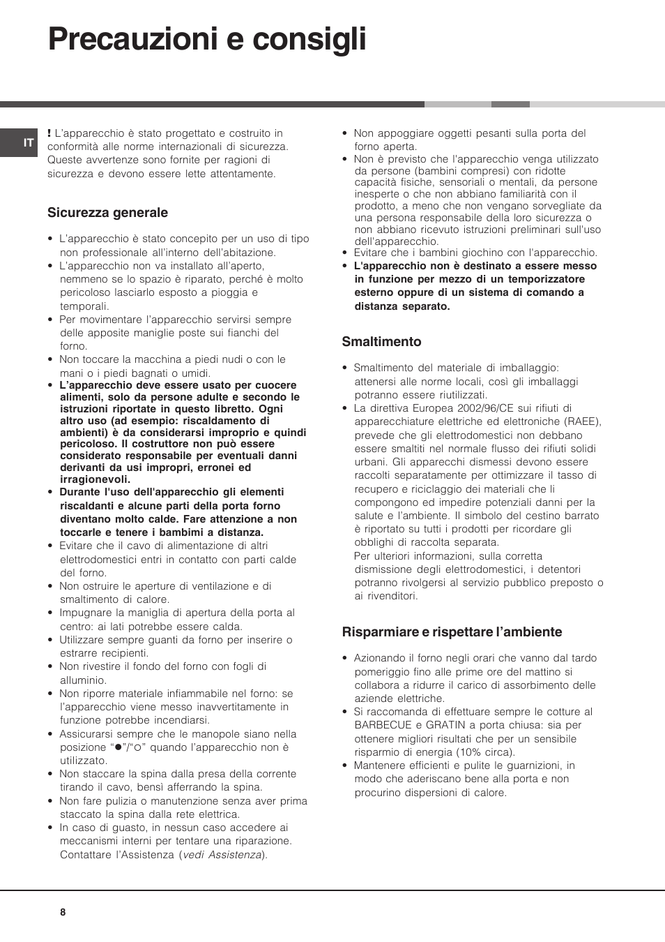 Precauzioni e consigli | Hotpoint Ariston FH 62 /HA User Manual | Page 8 / 64