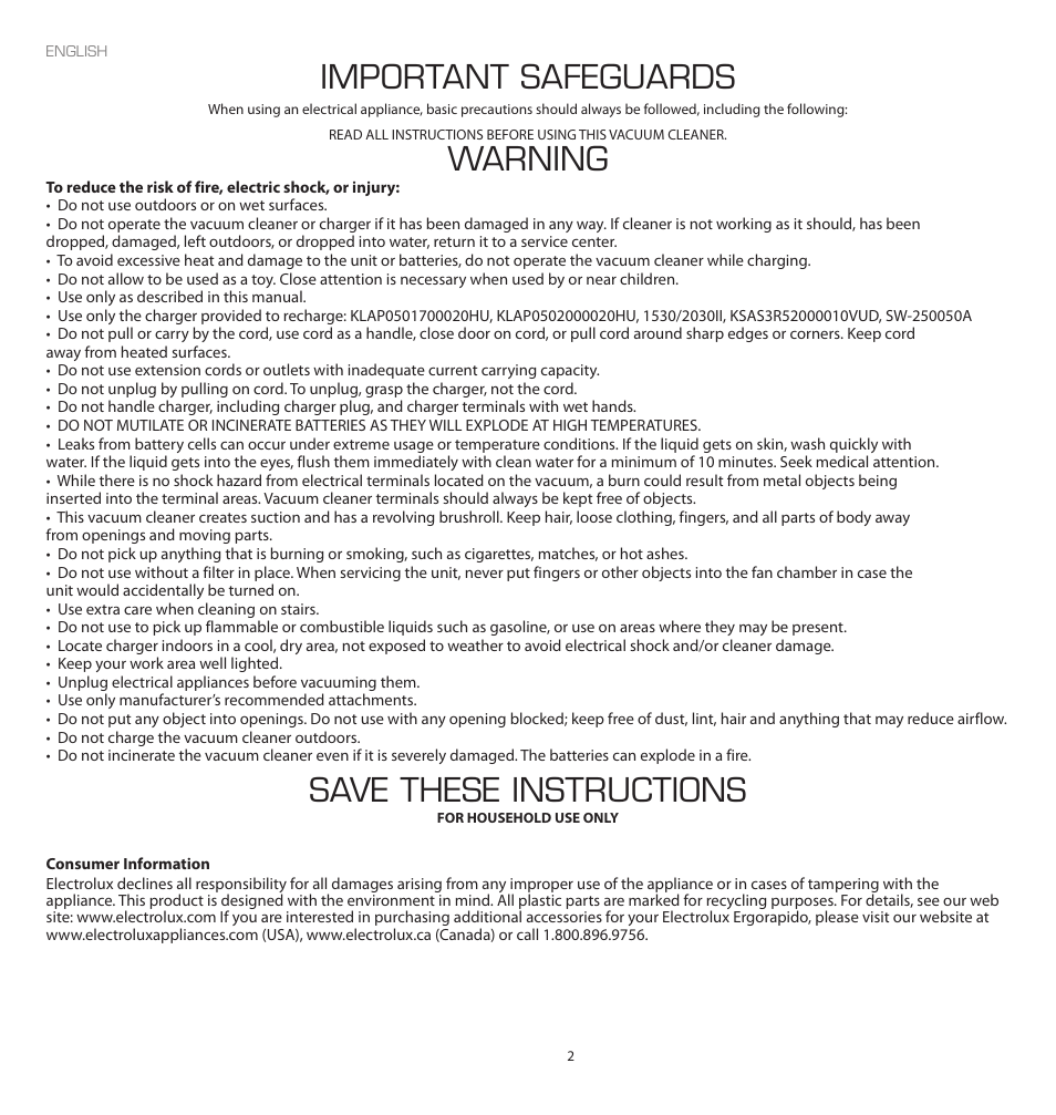 Important safeguards, Warning, Save these instructions | Electrolux EL2022A User Manual | Page 2 / 12