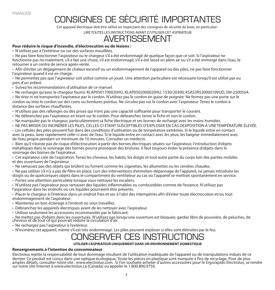Consignes de sécurité importantes, Avertissement, Conserver ces instructions | Electrolux EL2022A User Manual | Page 3 / 12