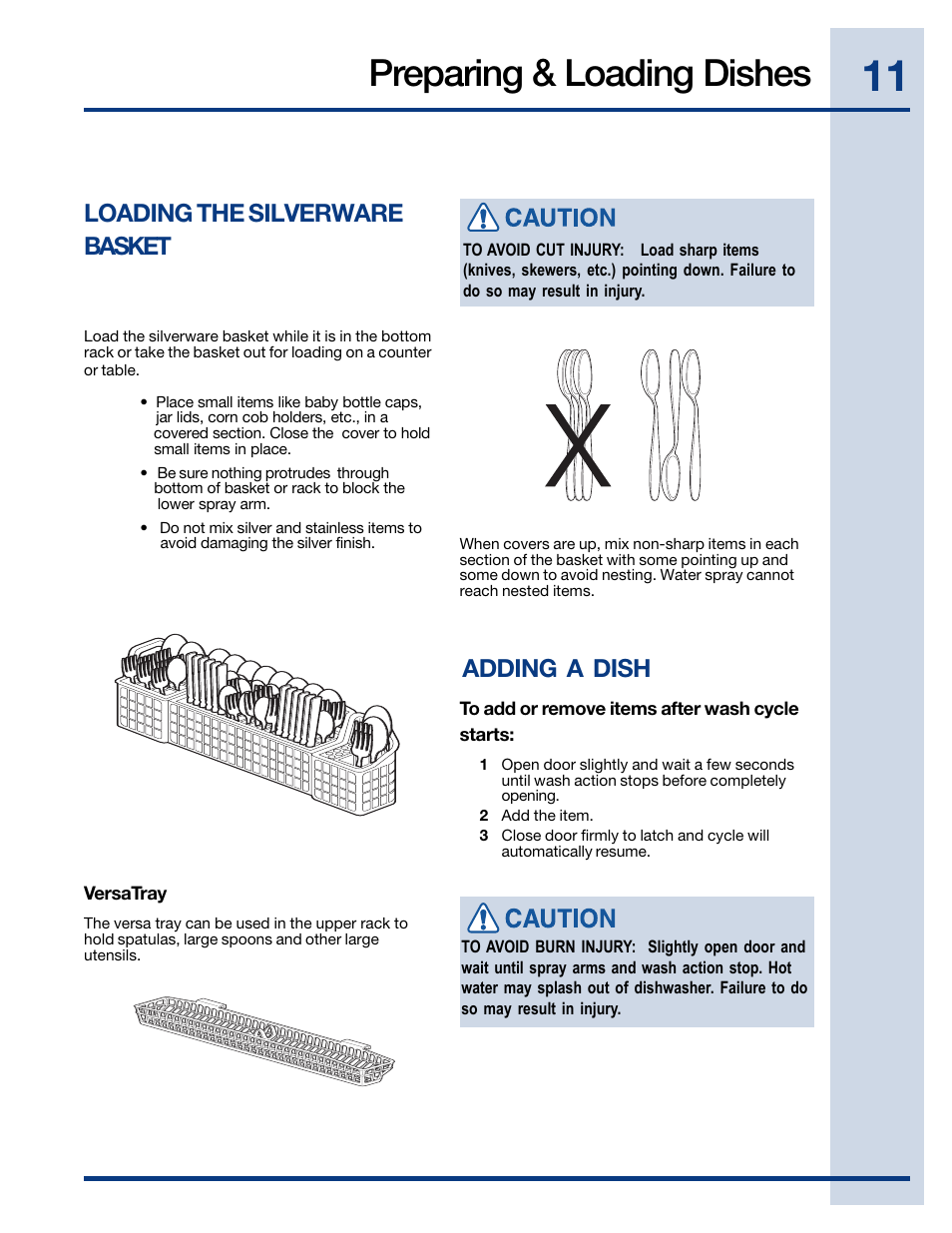 Preparing & loading dishes, Loading the silverware basket, Adding a dish | Electrolux EIDW6105GB User Manual | Page 11 / 72