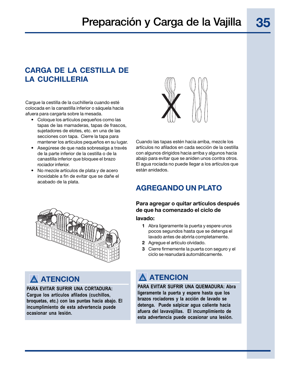 Preparación y carga de la vajilla, Carga de la cestilla de la cuchilleria, Atencion | Agregando un plato | Electrolux EIDW6105GB User Manual | Page 35 / 72