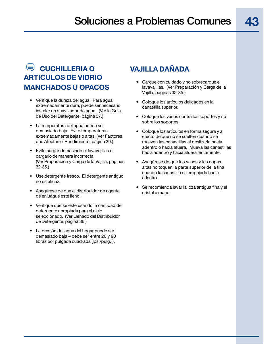 Soluciones a problemas comunes, Vajilla dañada | Electrolux EIDW6105GB User Manual | Page 43 / 72