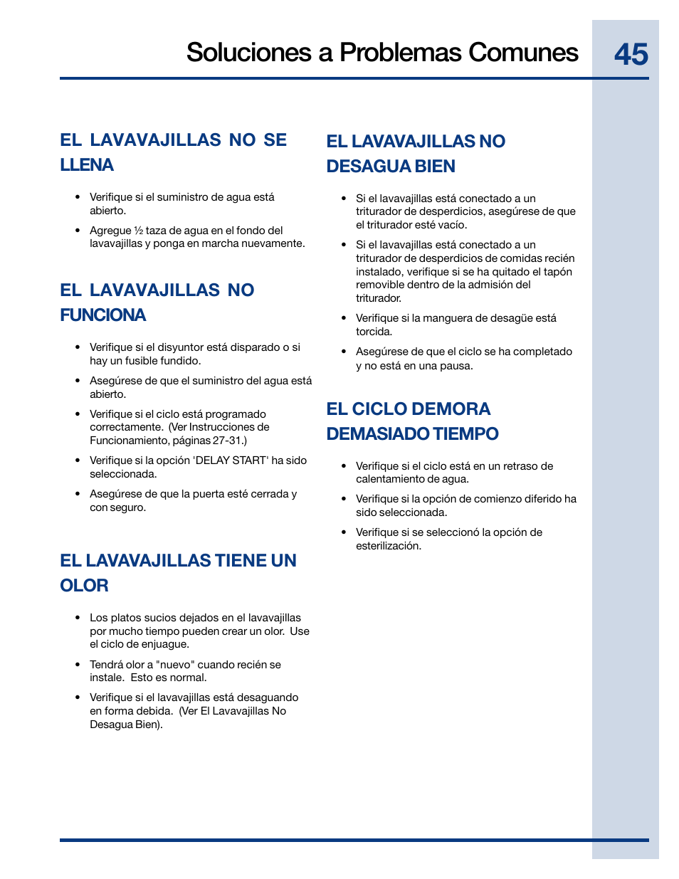 Soluciones a problemas comunes, El lavavajillas no funciona, El lavavajillas tiene un olor | El lavavajillas no se llena, El lavavajillas no desagua bien, El ciclo demora demasiado tiempo | Electrolux EIDW6105GB User Manual | Page 45 / 72