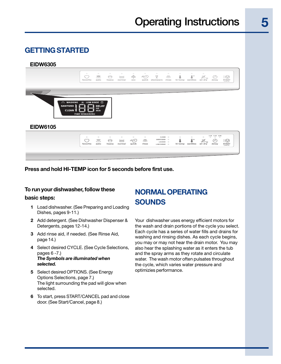 Operating instructions, Getting started normal operating sounds | Electrolux EIDW6105GB User Manual | Page 5 / 72