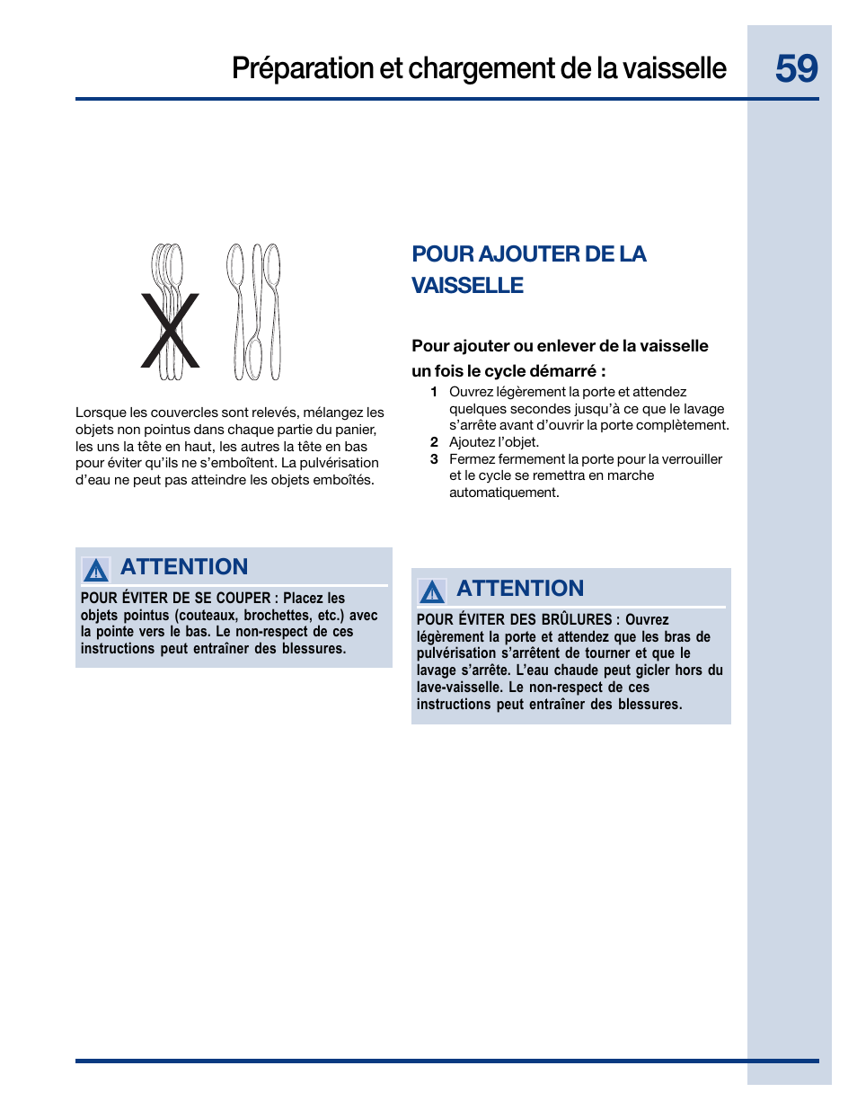 Préparation et chargement de la vaisselle, Pour ajouter de la vaisselle, Attention | Electrolux EIDW6105GB User Manual | Page 59 / 72