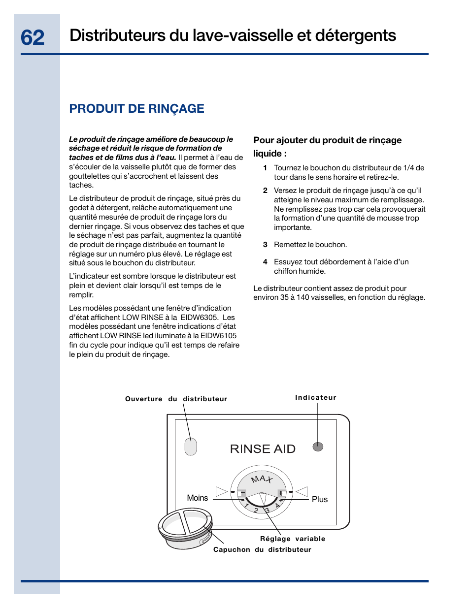 Distributeurs du lave-vaisselle et détergents, Produit de rinçage | Electrolux EIDW6105GB User Manual | Page 62 / 72