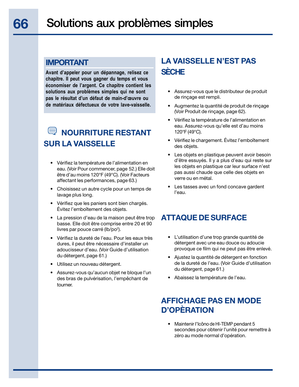 Solutions aux problèmes simples, Important, Nourriture restant sur la vaisselle | La vaisselle n’est pas sèche, Attaque de surface, Affichage pas en mode d’opèration | Electrolux EIDW6105GB User Manual | Page 66 / 72