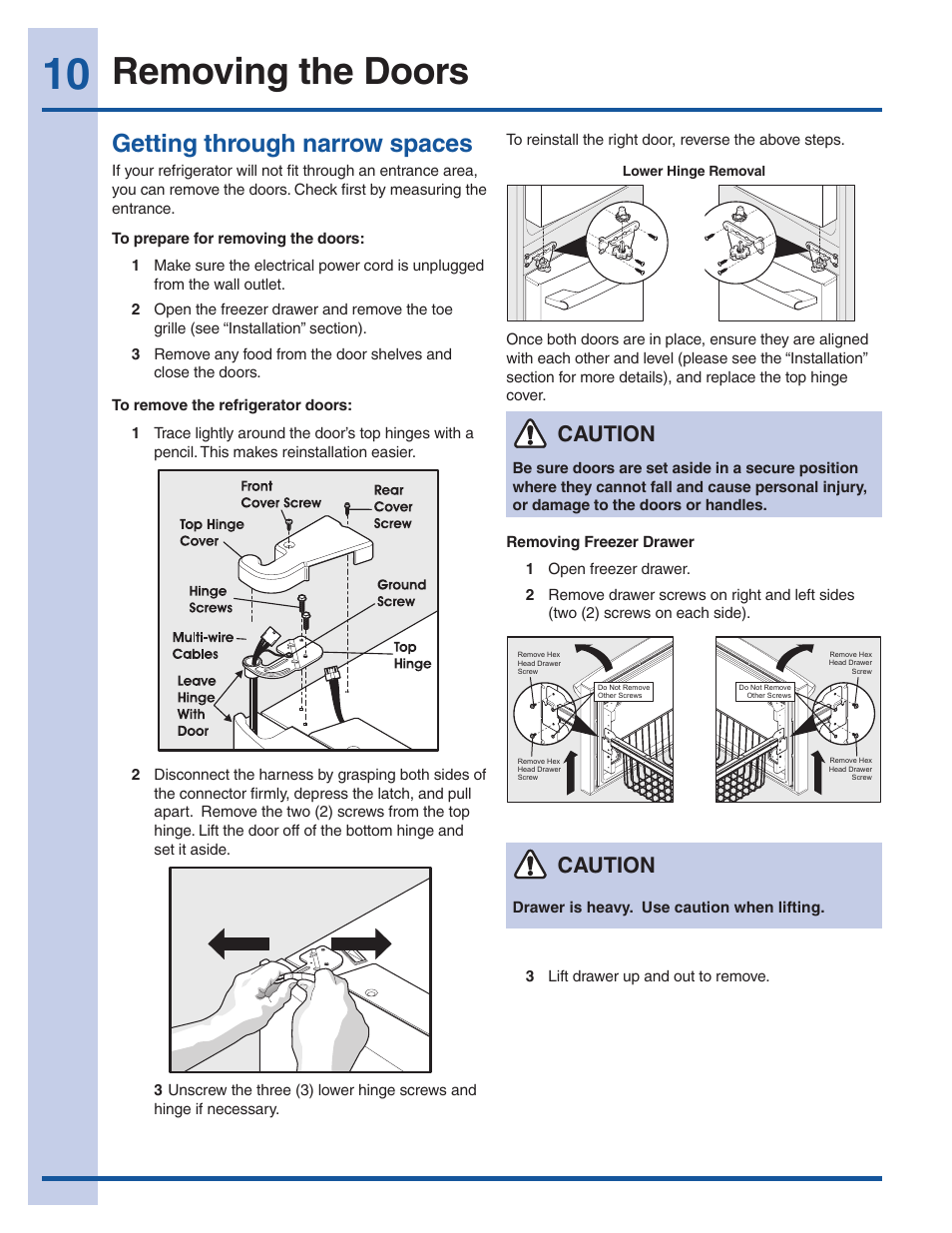 Removing the doors, Getting through narrow spaces, Caution | Electrolux EI27BS16JW User Manual | Page 10 / 32