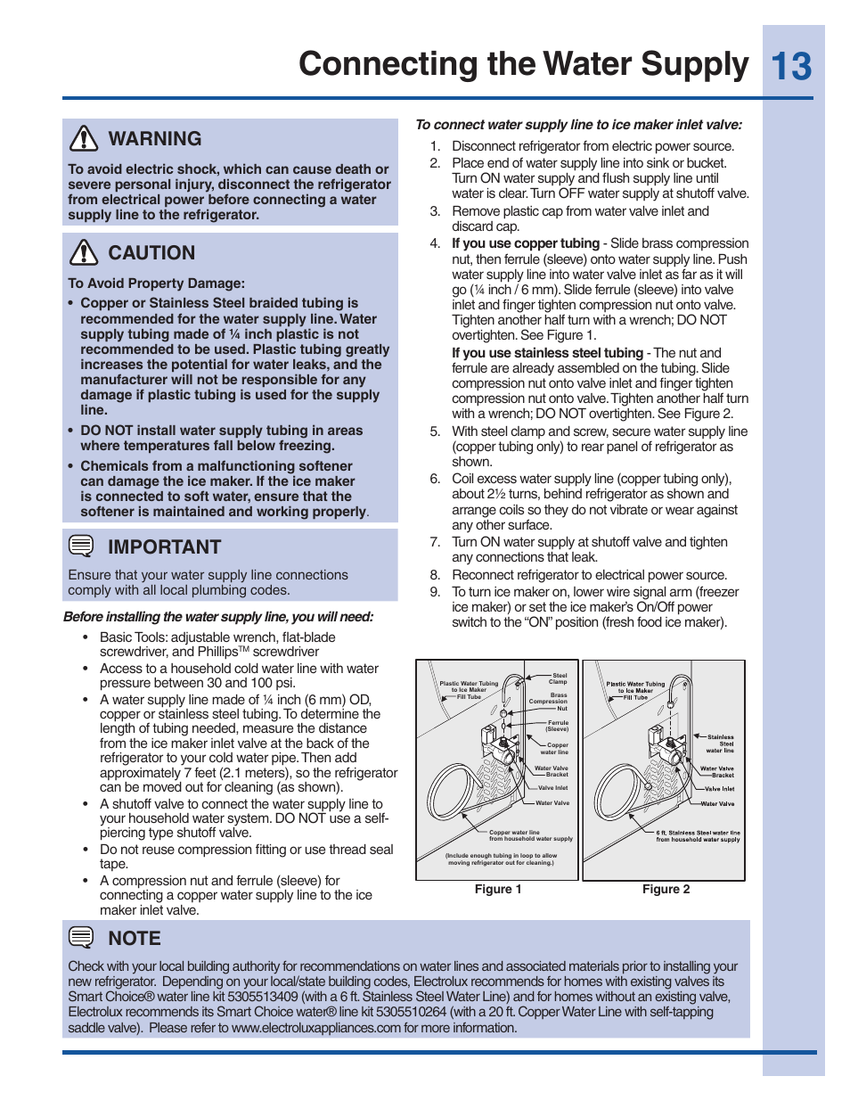 Connecting the water supply, Warning, Caution | Important | Electrolux EI27BS16JW User Manual | Page 13 / 32