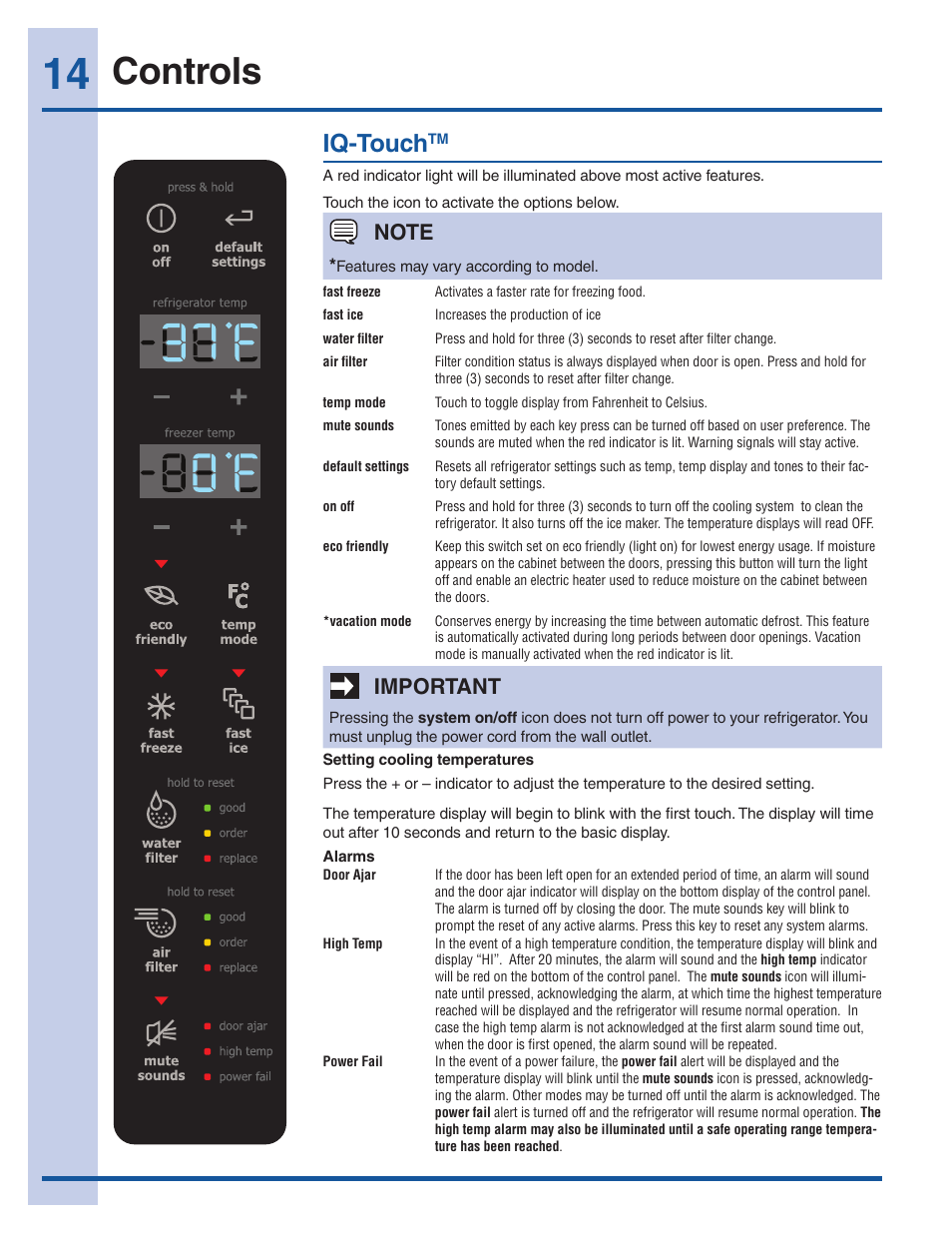 Controls, Iq-touch, Important | Electrolux EI27BS16JW User Manual | Page 14 / 32