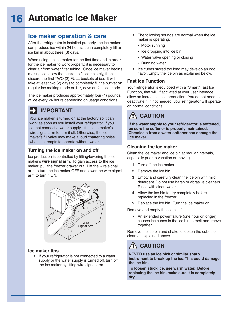 Automatic ice maker, Ice maker operation & care, Important | Caution | Electrolux EI27BS16JW User Manual | Page 16 / 32
