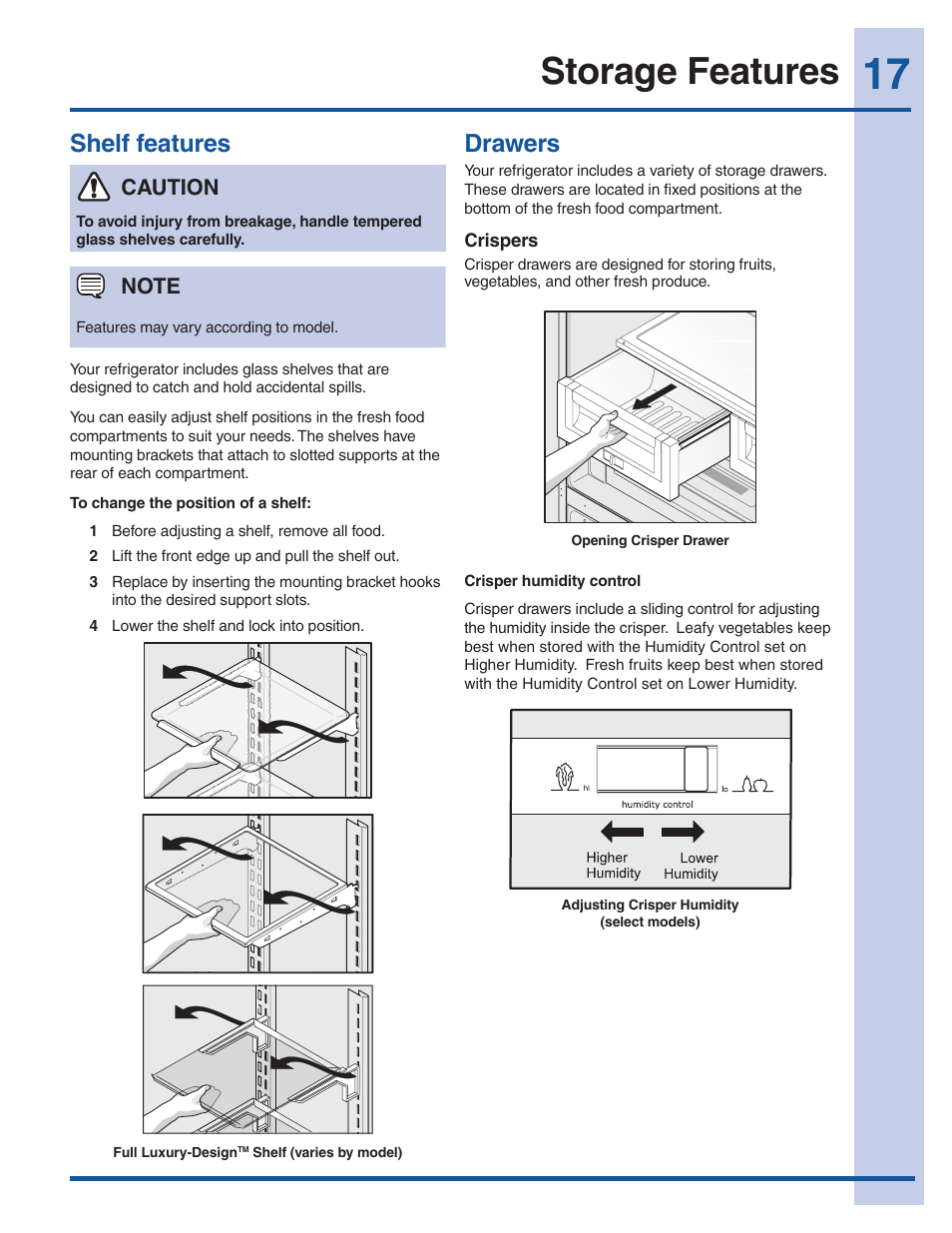 Storage features, Drawers, Shelf features | Electrolux EI27BS16JW User Manual | Page 17 / 32
