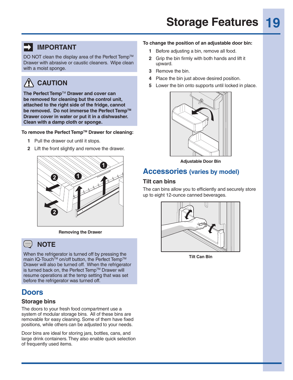 Storage features, Doors, Accessories | Important, Caution, Varies by model) | Electrolux EI27BS16JW User Manual | Page 19 / 32