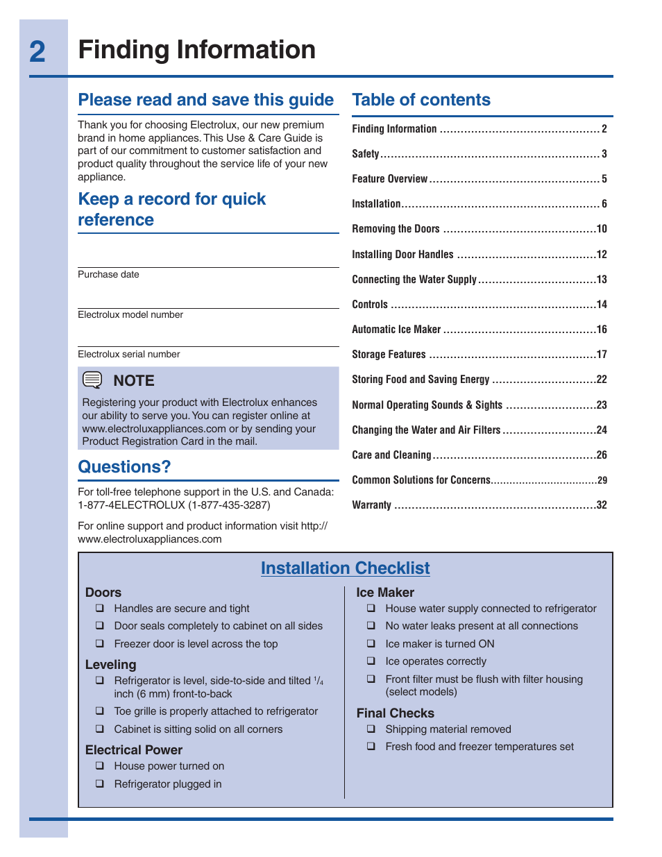 Finding information, Please read and save this guide, Keep a record for quick reference | Table of contents questions, Installation checklist | Electrolux EI27BS16JW User Manual | Page 2 / 32