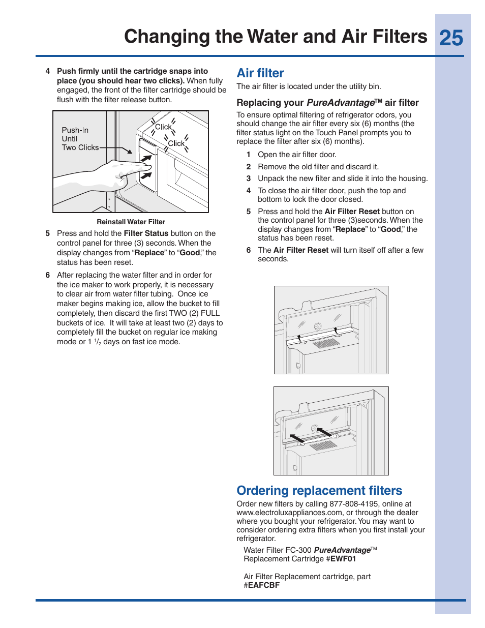 Changing the water and air filters, Ordering replacement filters, Air filter | Electrolux EI27BS16JW User Manual | Page 25 / 32