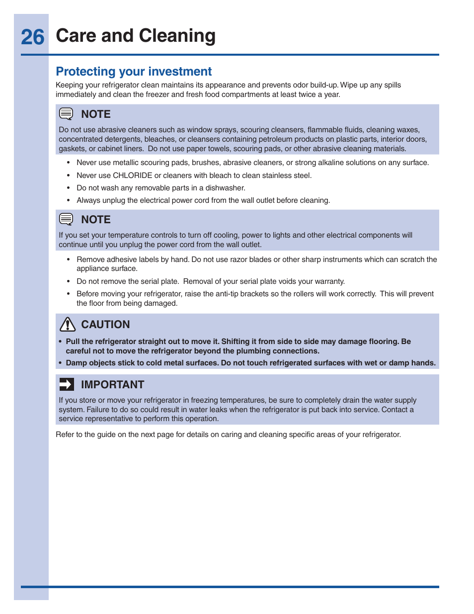 Care and cleaning, Protecting your investment | Electrolux EI27BS16JW User Manual | Page 26 / 32