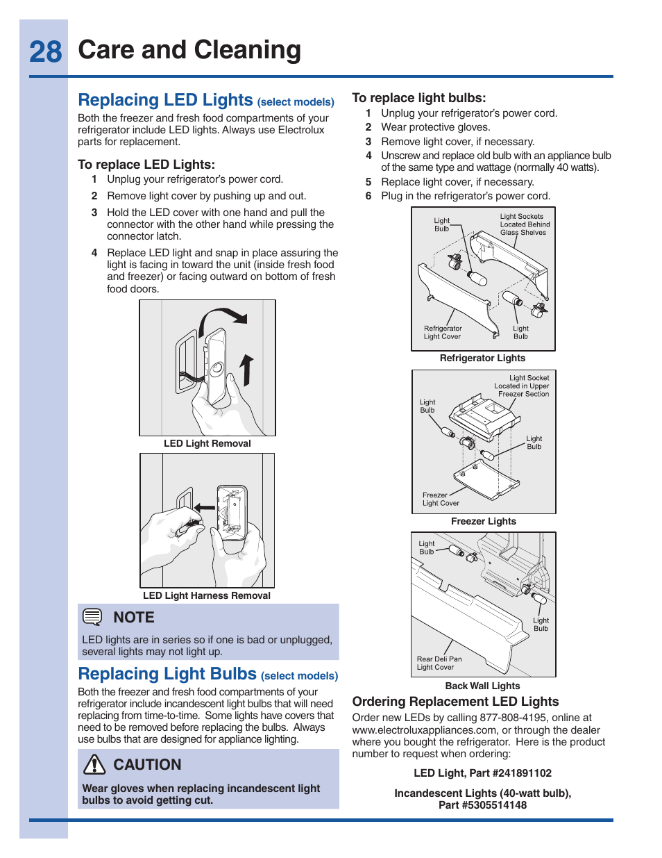 Care and cleaning, Replacing led lights, Replacing light bulbs | Caution | Electrolux EI27BS16JW User Manual | Page 28 / 32