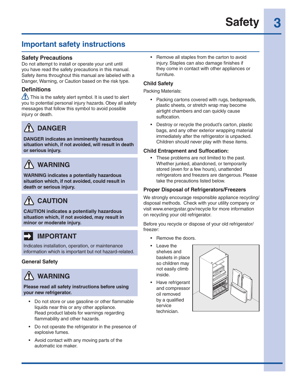 Safety, Important safety instructions, Warning | Important, Caution, Danger | Electrolux EI27BS16JW User Manual | Page 3 / 32