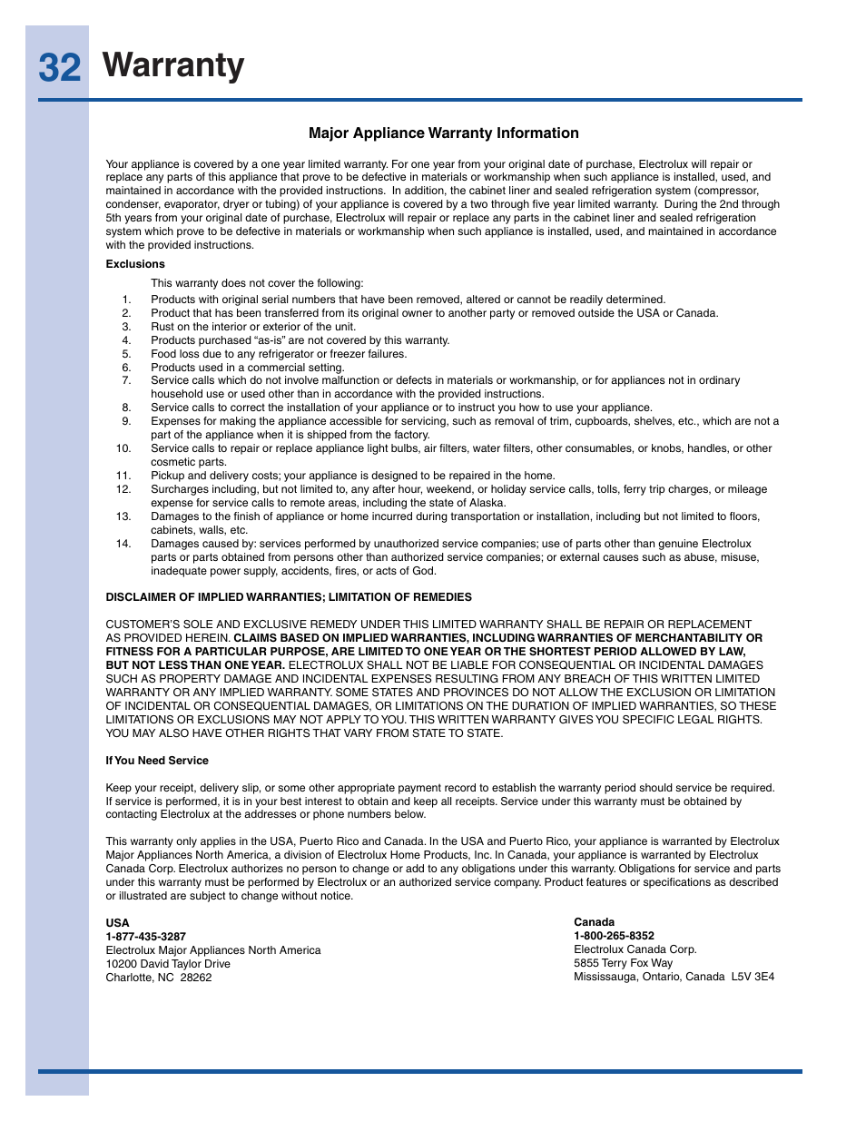 Warranty | Electrolux EI27BS16JW User Manual | Page 32 / 32