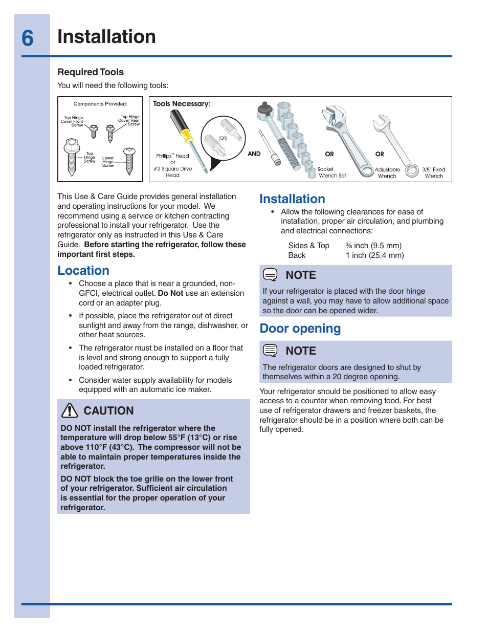 Location, Installation, Door opening | Electrolux EI27BS16JW User Manual | Page 6 / 32