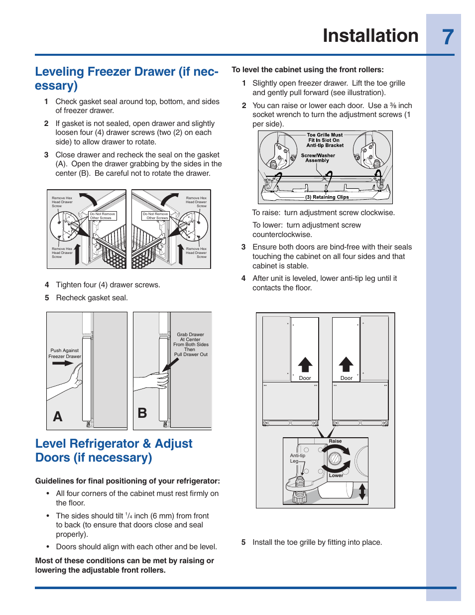 Installation, Leveling freezer drawer (if nec- essary), Level refrigerator & adjust doors (if necessary) | Electrolux EI27BS16JW User Manual | Page 7 / 32