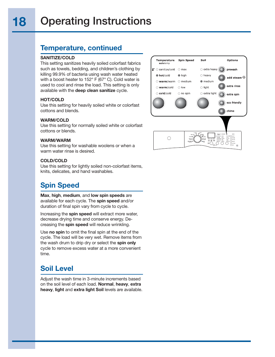 Operating instructions, Temperature, continued spin speed soil level | Electrolux EIFLS55IMB User Manual | Page 18 / 32