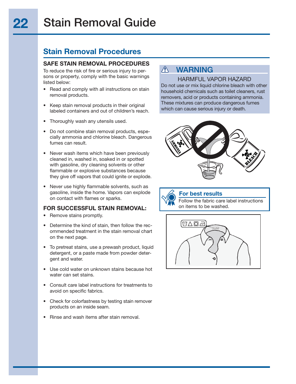 Stain removal guide, Stain removal procedures warning | Electrolux EIFLS55IMB User Manual | Page 22 / 32