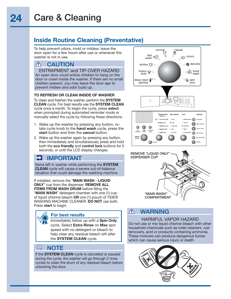 Care & cleaning, Important, Inside routine cleaning (preventative) warning | Caution | Electrolux EIFLS55IMB User Manual | Page 24 / 32