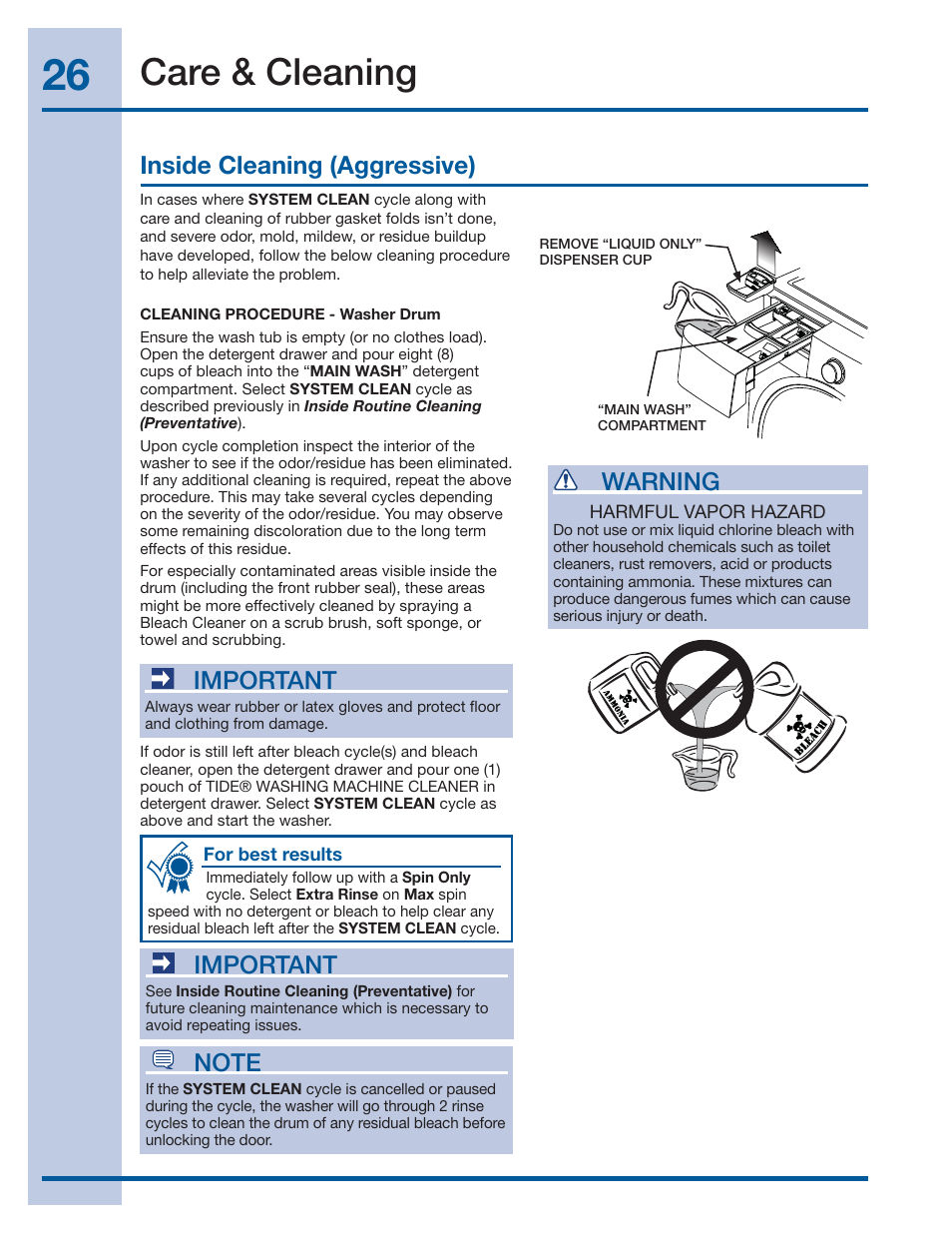 Care & cleaning, Inside cleaning (aggressive), Important | Warning | Electrolux EIFLS55IMB User Manual | Page 26 / 32