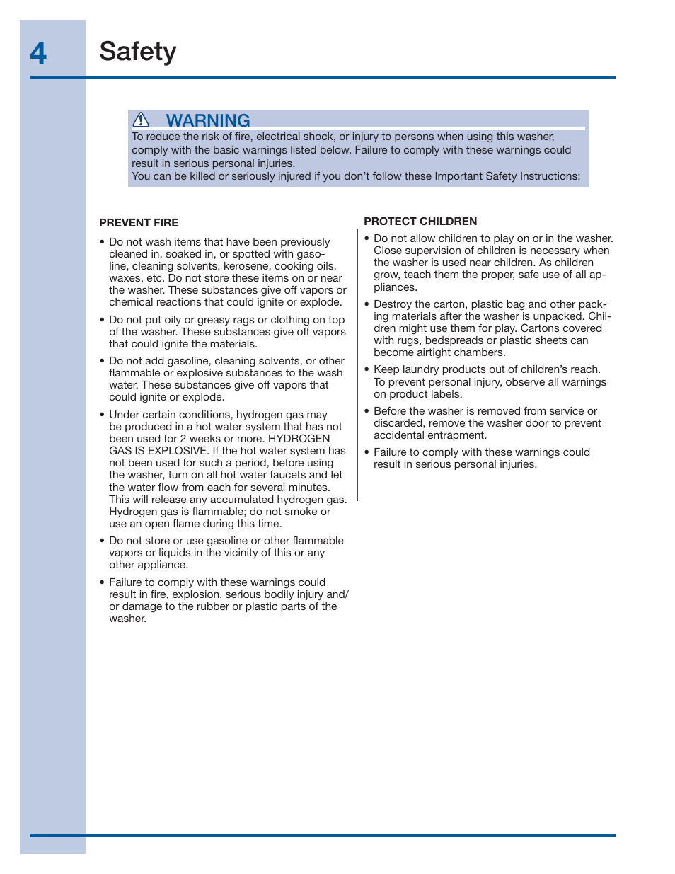 Safety, Warning | Electrolux EIFLS55IMB User Manual | Page 4 / 32